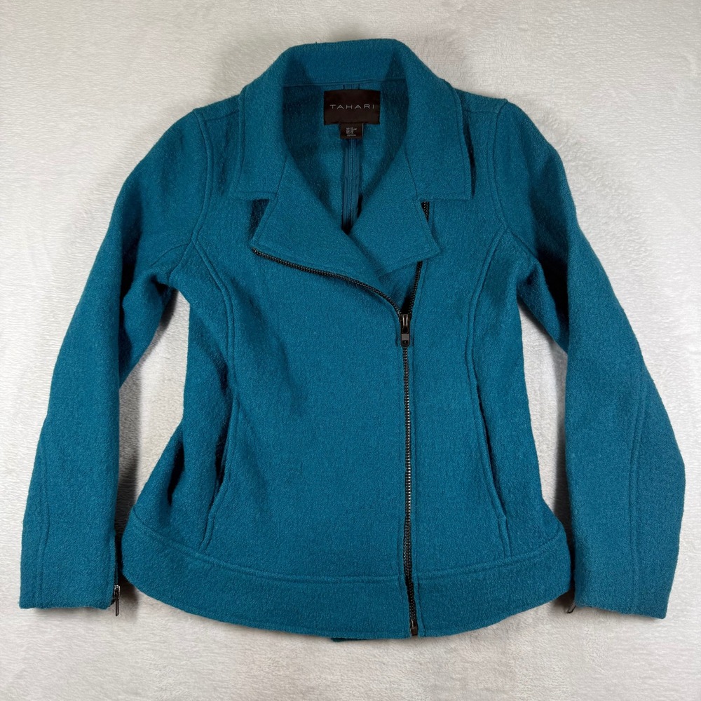Tahari Teal Blue Wool Blend Asymmetric Zip Moto Biker Jacket Womens XS 10156